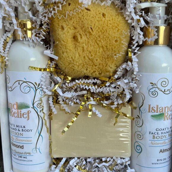 Island Relief Gift Set Goats Milk Lotion Body Wash Soap And Sponge - Almond NEW - Picture 6 of 9